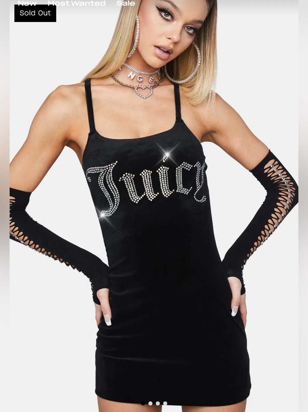 Juicy Couture Big Bling Black Velour Mini Dress Rhinestone‎ Sexy Grunge